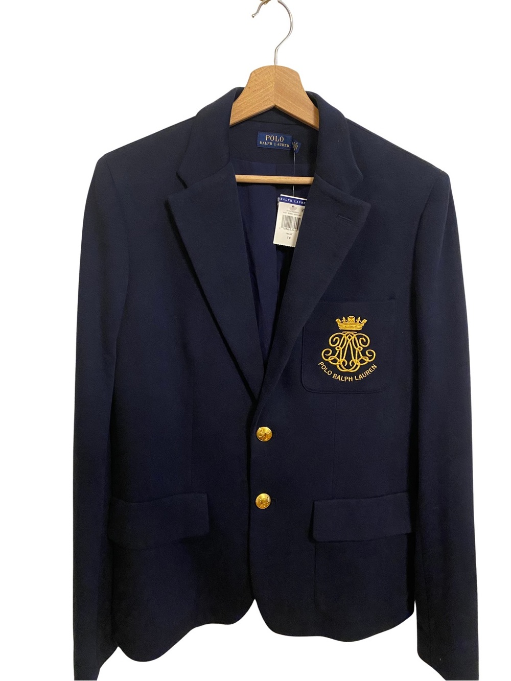 NWT Polo by Ralph Lauren Navy Cotton Blazer with Gold Crest Blue Label Size 14